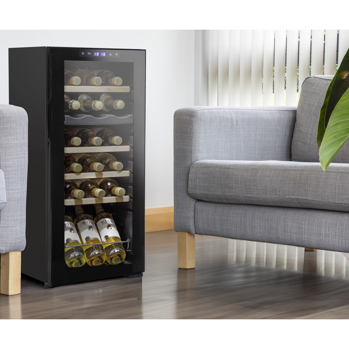 Baridi DH89 Baridi 18 Bottle Dual Zone Wine Fridge/Cooler with Digital Touch Screen Controls, Wooden Shelves & LED Light - Black