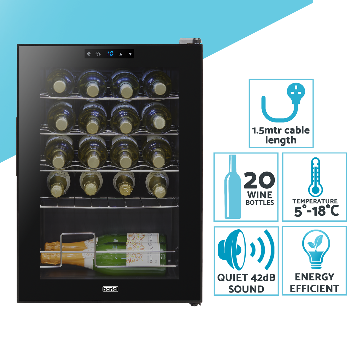 Baridi DH8 Baridi 20 Bottle Wine Fridge with Digital Touch Screen Controls, Metal Shelves & LED Light - Black
