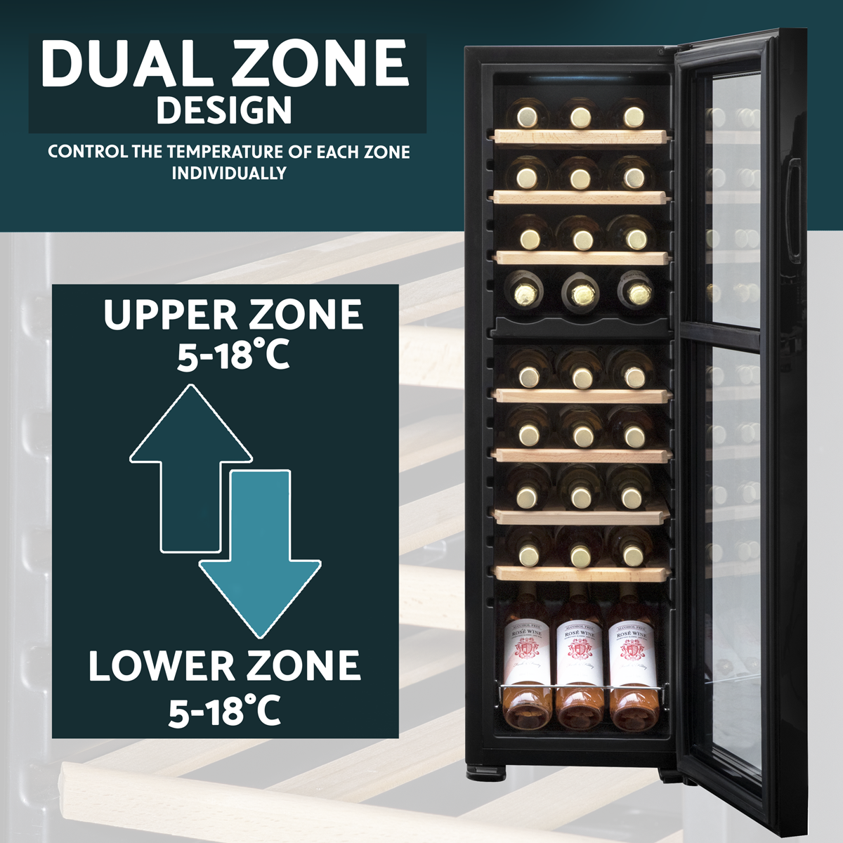 Baridi DH90 Baridi 27 Bottle Dual Zone Wine Fridge with Digital Touch Screen Controls, Beech Wood Shelves & LED Light - Black