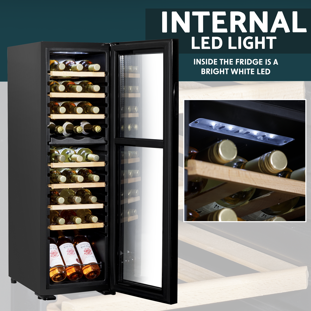 Baridi DH90 Baridi 27 Bottle Dual Zone Wine Fridge with Digital Touchscreen Controls, Beech Wood Shelves & LED Light - Black