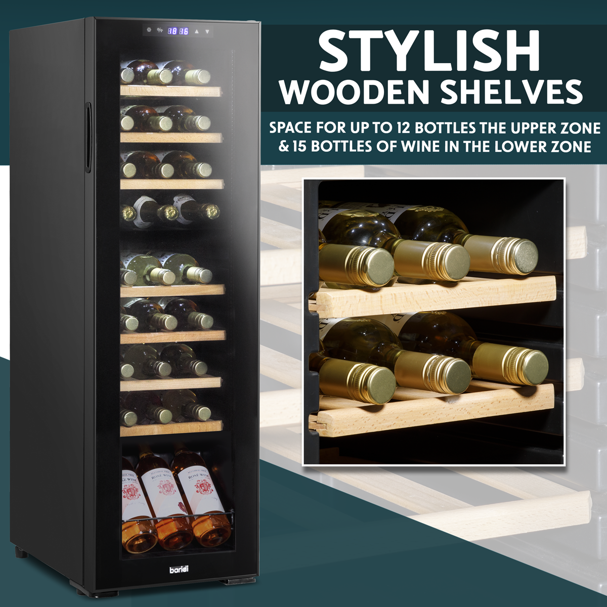Baridi DH90 Baridi 27 Bottle Dual Zone Wine Fridge with Digital Touch Screen Controls, Beech Wood Shelves & LED Light - Black