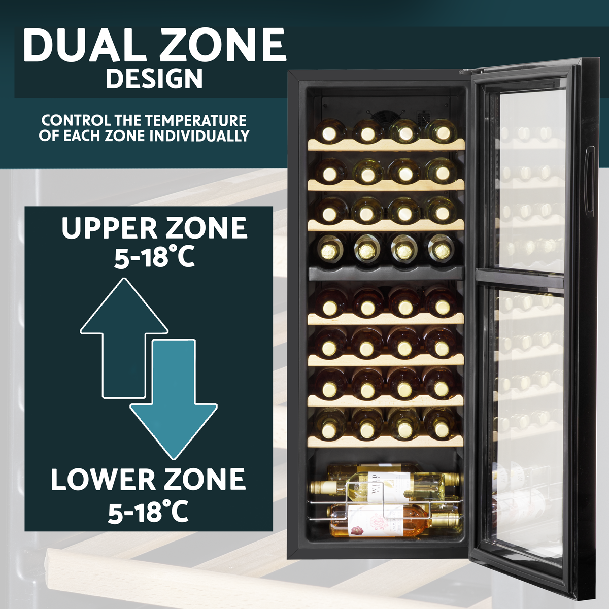 Baridi DH91 Baridi 36 Bottle Dual Zone Wine Fridge with Digital Touchscreen Controls, Beech Wood Shelves & LED Light - Black