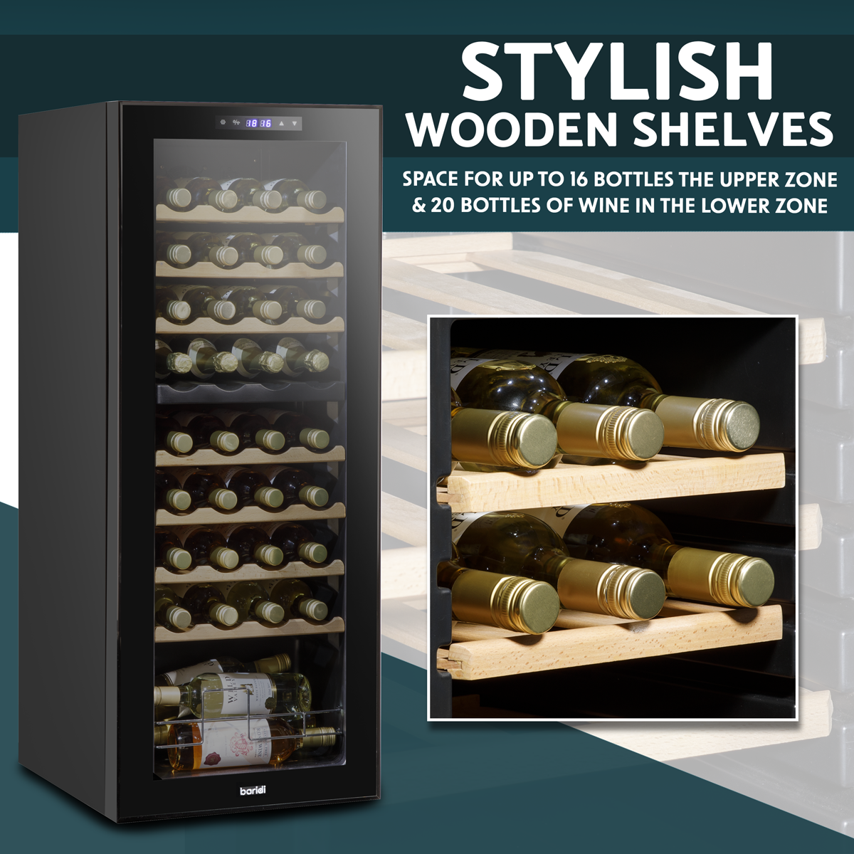 Baridi DH91 Baridi 36 Bottle Dual Zone Wine Fridge with Digital Touchscreen Controls, Beech Wood Shelves & LED Light - Black