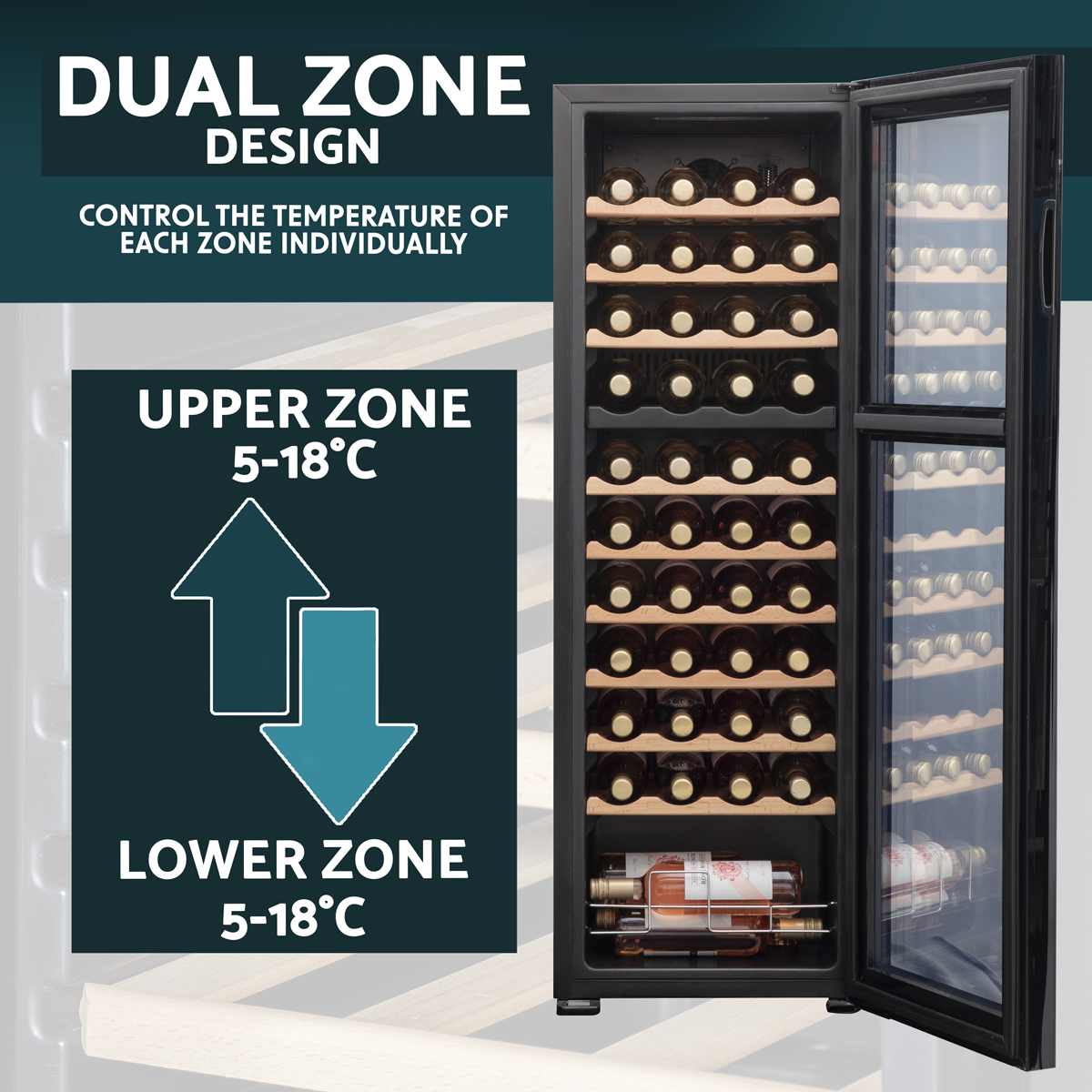 Baridi DH92 Baridi 44 Bottle Dual Zone Wine Fridge with Digital Touch Screen Controls, Beech Wood Shelves & LED Light - Black