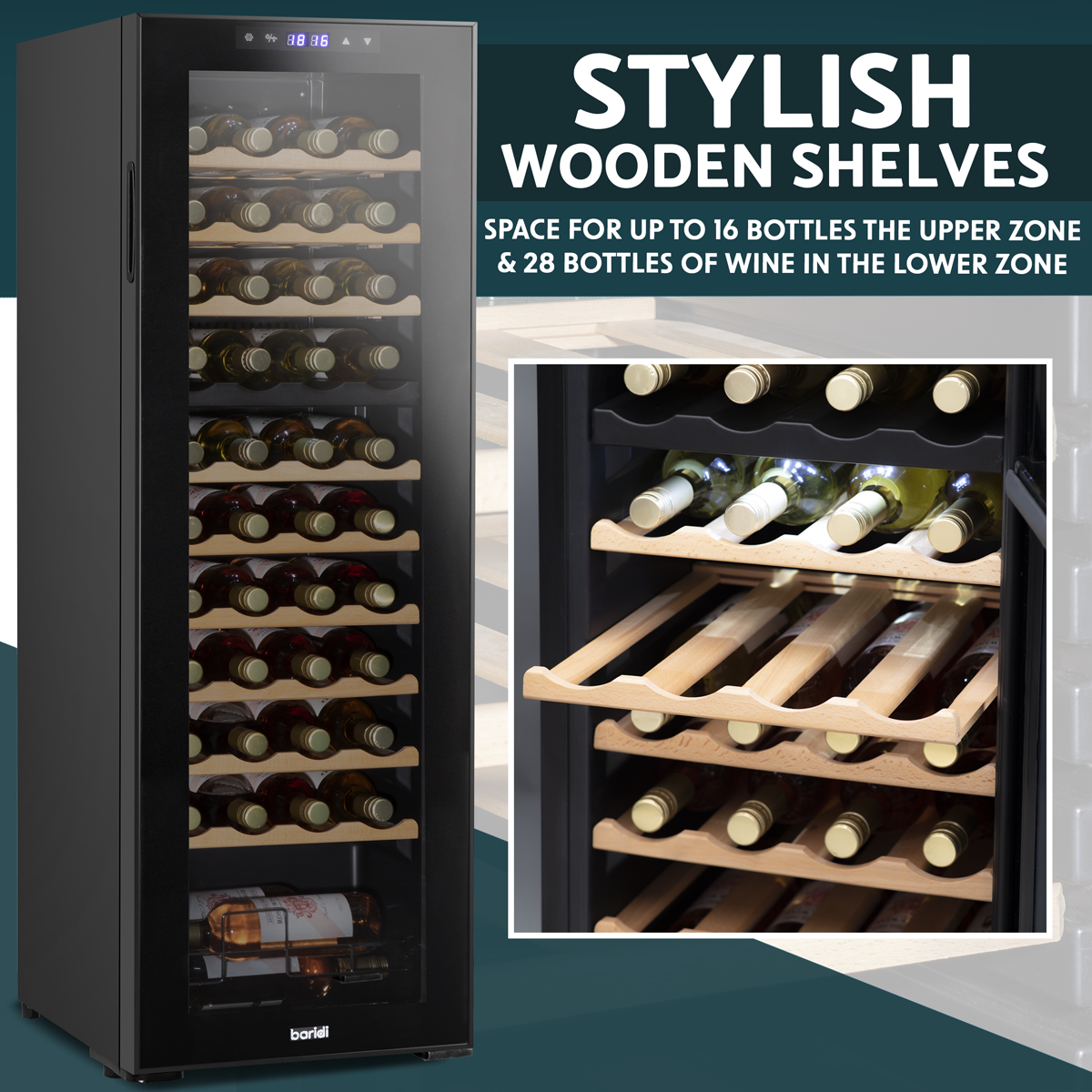 Baridi DH92 Baridi 44 Bottle Dual Zone Wine Fridge with Digital Touch Screen Controls, Beech Wood Shelves & LED Light - Black