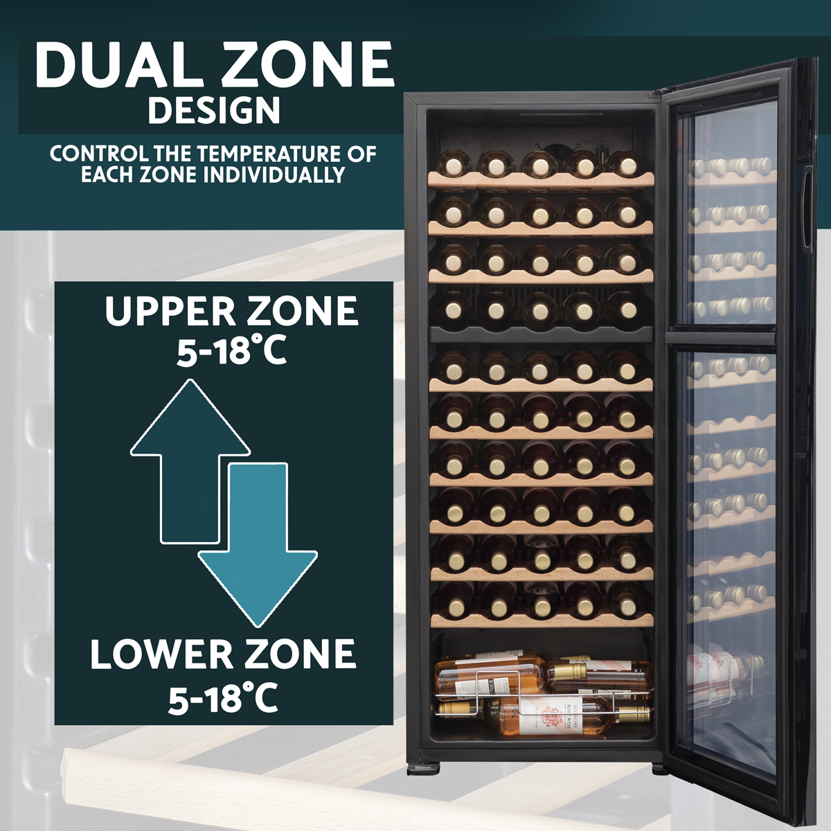 Baridi DH93 Baridi 55 Bottle Dual Zone Wine Fridge with Digital Touch Screen Controls, Beech Wood Shelves & LED Light - Black