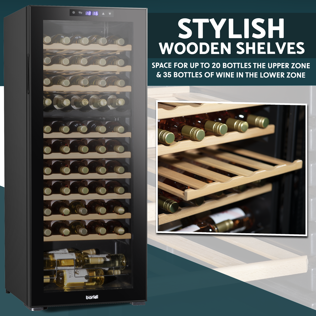 Baridi DH93 Baridi 55 Bottle Dual Zone Wine Fridge with Digital Touch Screen Controls, Beech Wood Shelves & LED Light - Black