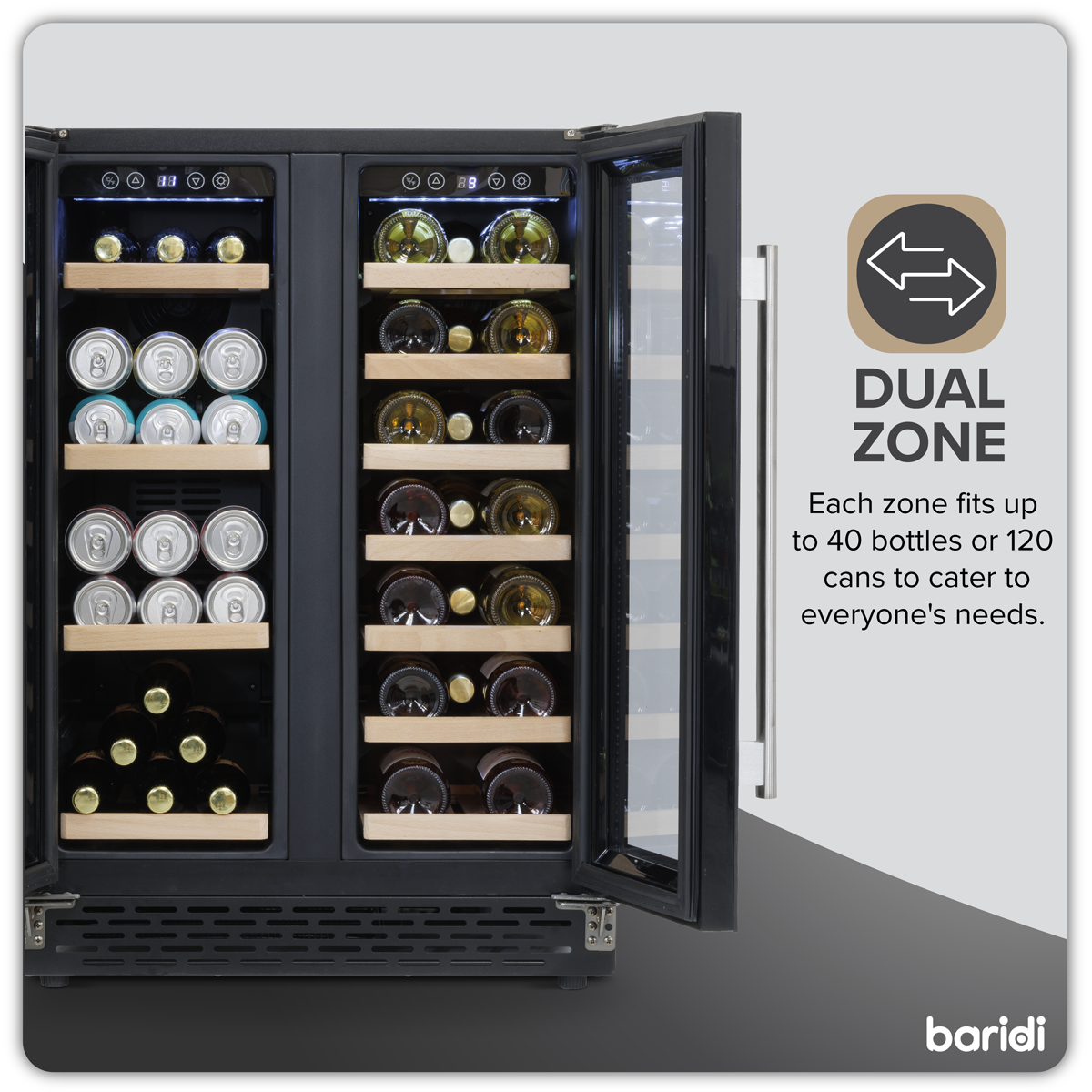 Baridi DH96 Baridi 40 Bottle/120 Can Dual Zone Undercounter/Freestanding Wine & Drinks Fridge - Black