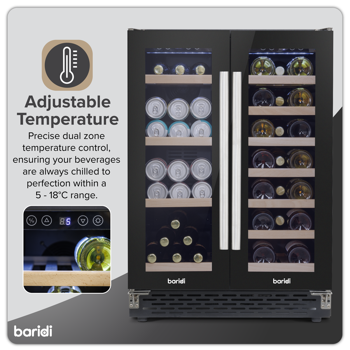 Baridi DH96 Baridi 40 Bottle/120 Can Dual Zone Undercounter/Freestanding Wine & Drinks Fridge - Black