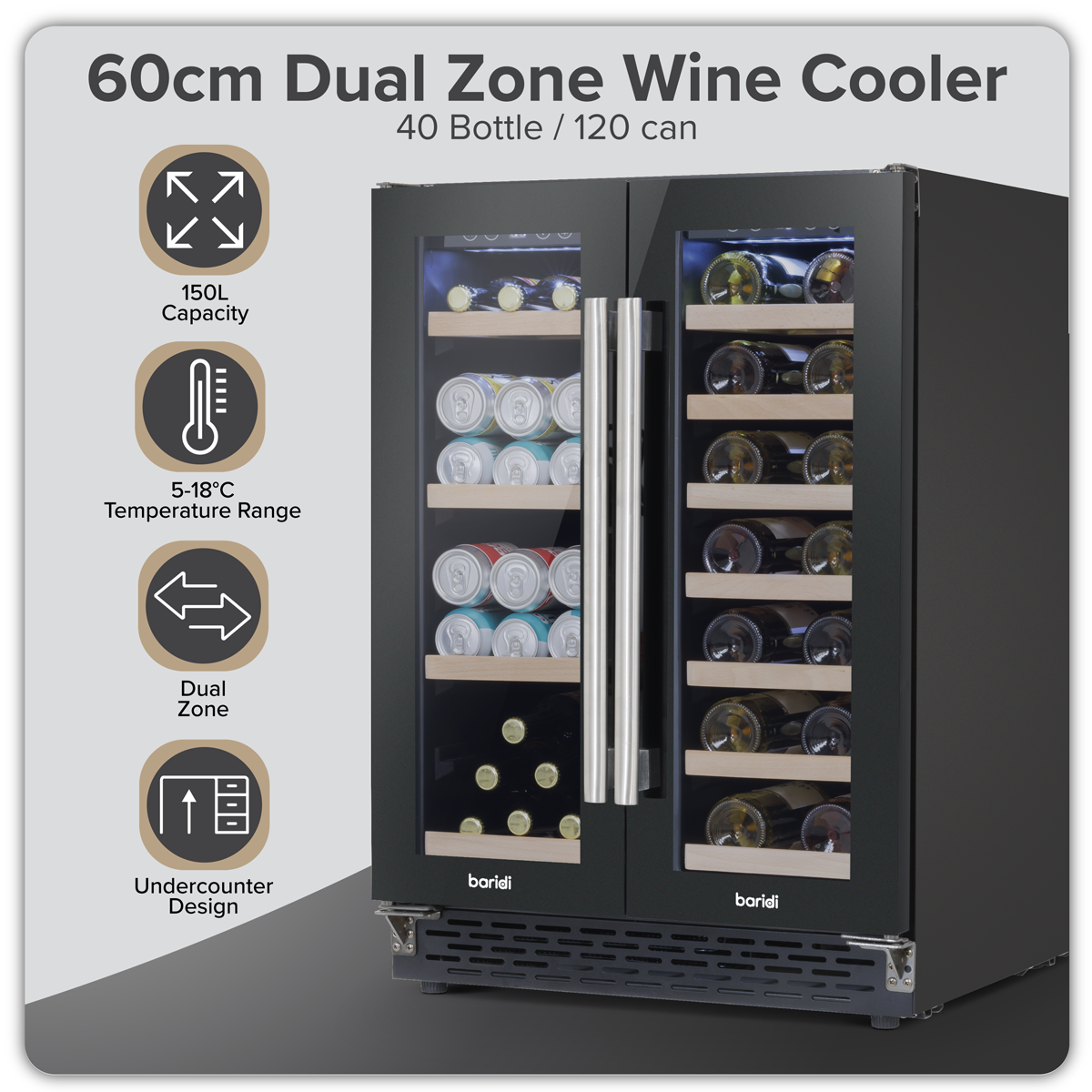 Baridi DH96 Baridi 40 Bottle/120 Can Dual Zone Undercounter/Freestanding Wine & Drinks Fridge - Black