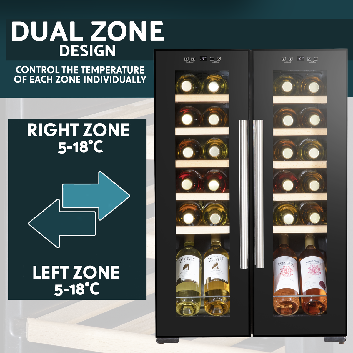 Baridi DH97 Baridi 24 Bottle Dual Zone Wine Fridge with Digital Touch Screen Controls, Beech Wood Shelves & LED Light - Black