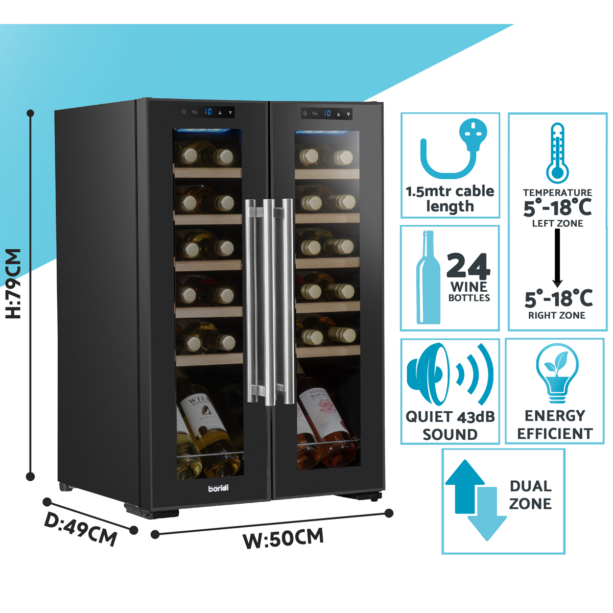 Baridi DH97 Baridi 24 Bottle Dual Zone Wine Fridge with Digital Touch Screen Controls, Beech Wood Shelves & LED Light - Black