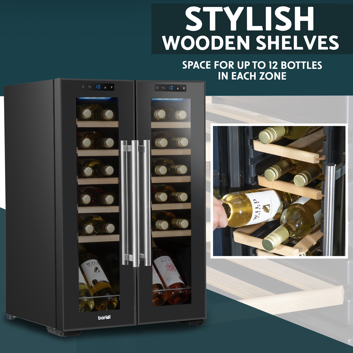Baridi DH97 Baridi 24 Bottle Dual Zone Wine Fridge with Digital Touch Screen Controls, Beech Wood Shelves & LED Light - Black