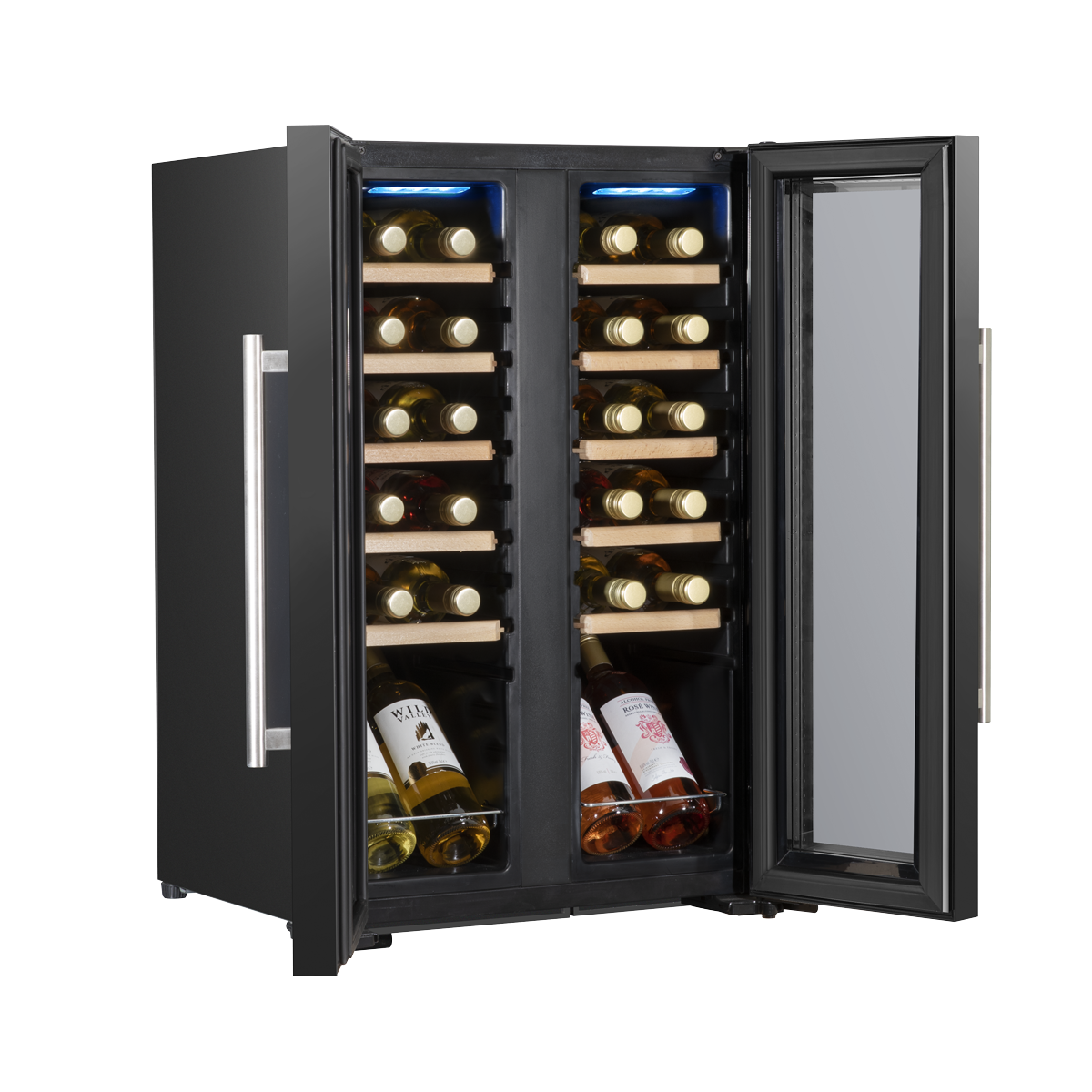 Baridi DH97 Baridi 24 Bottle Dual Zone Wine Fridge with Digital Touch Screen Controls, Beech Wood Shelves & LED Light - Black