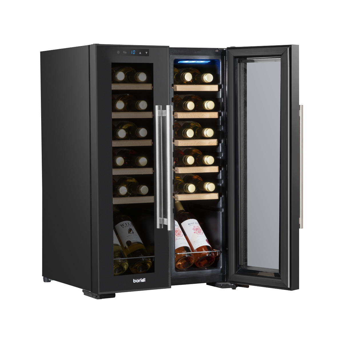 Baridi DH97 Baridi 24 Bottle Dual Zone Wine Fridge with Digital Touch Screen Controls, Beech Wood Shelves & LED Light - Black
