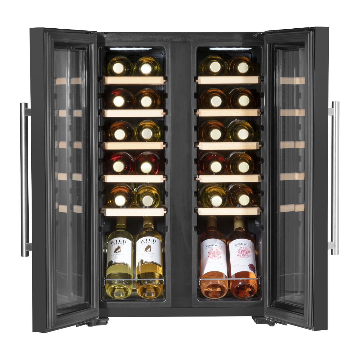 Baridi DH97 Baridi 24 Bottle Dual Zone Wine Fridge with Digital Touch Screen Controls, Beech Wood Shelves & LED Light - Black