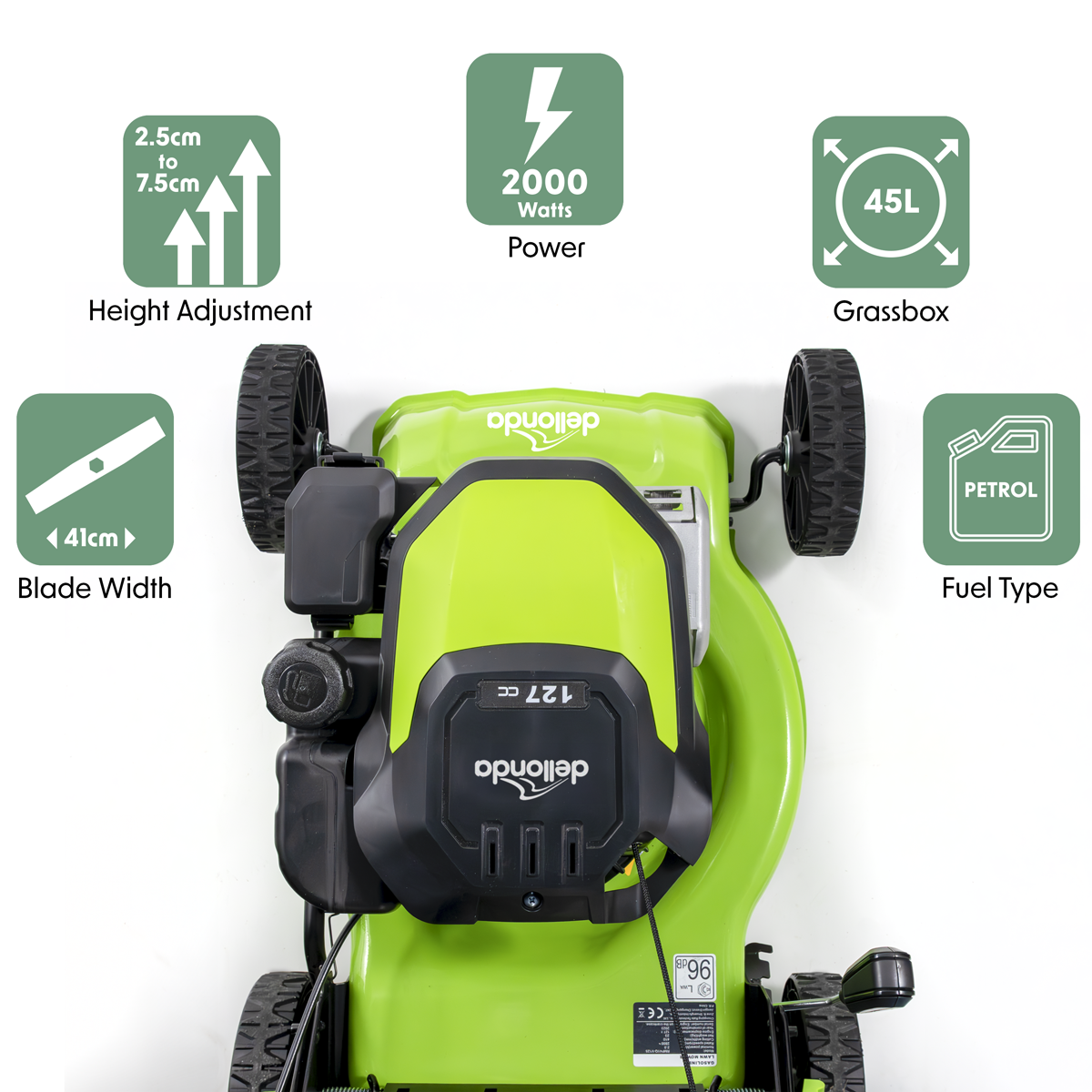 Dellonda DG100 Dellonda Hand-Propelled Petrol Lawnmower Grass Cutter, 127cc 16"/41cm 4-Stroke