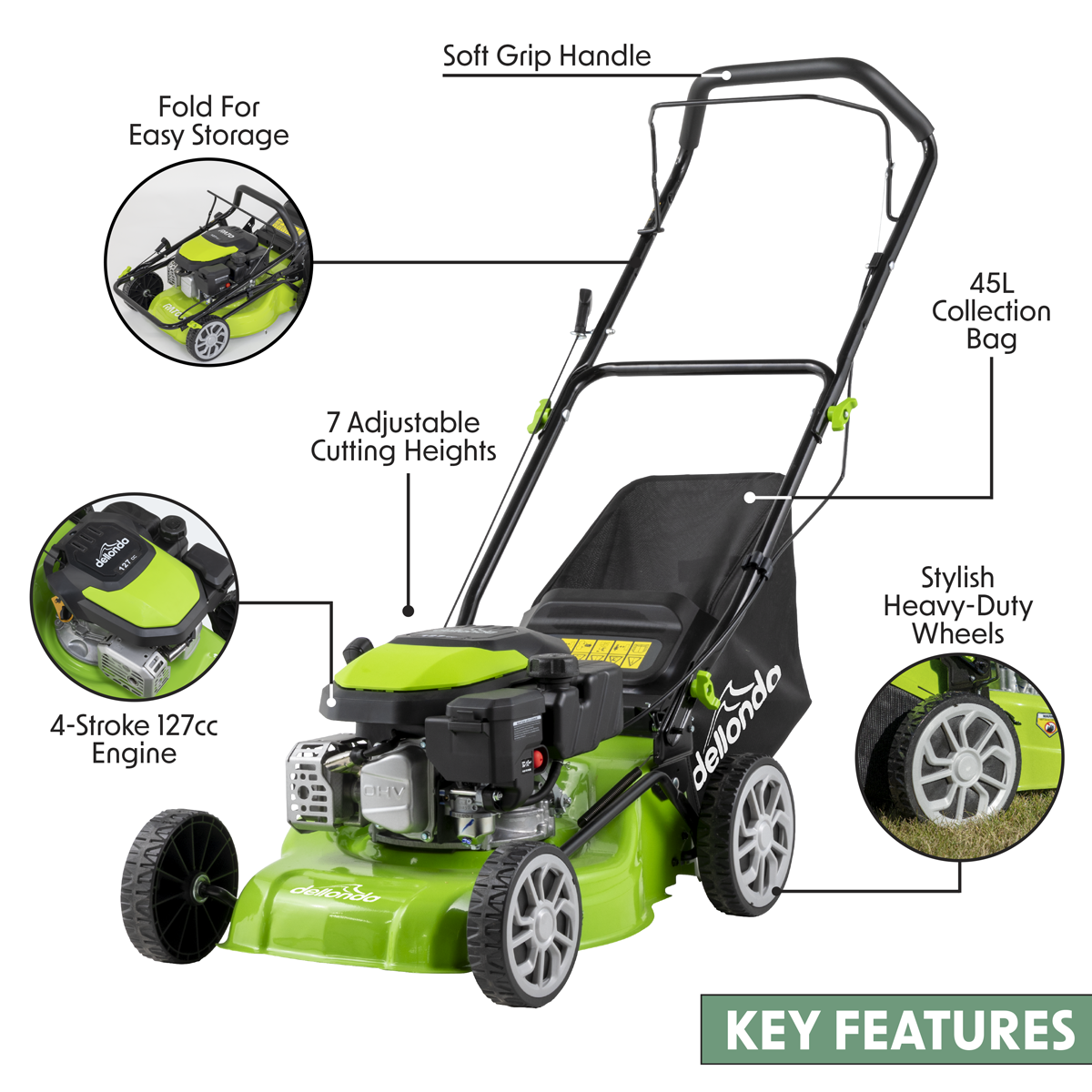 Dellonda DG100 Dellonda Hand-Propelled Petrol Lawnmower Grass Cutter, 127cc 16"/41cm 4-Stroke