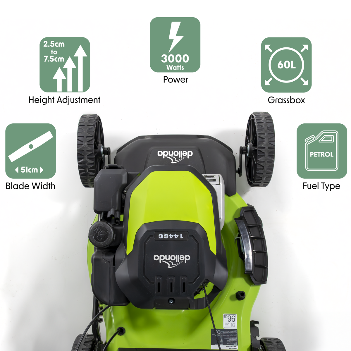 Dellonda DG101 Dellonda Self-Propelled Petrol Lawnmower Grass Cutter with Height Adjustment & Grass Bag 144cc 18"/46cm 4-Stroke Engine