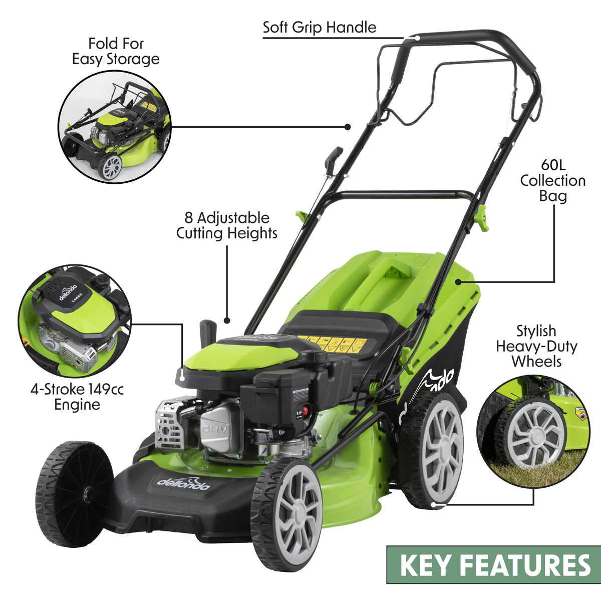 Dellonda DG101 Dellonda Self-Propelled Petrol Lawnmower Grass Cutter with Height Adjustment & Grass Bag 144cc 18"/46cm 4-Stroke Engine