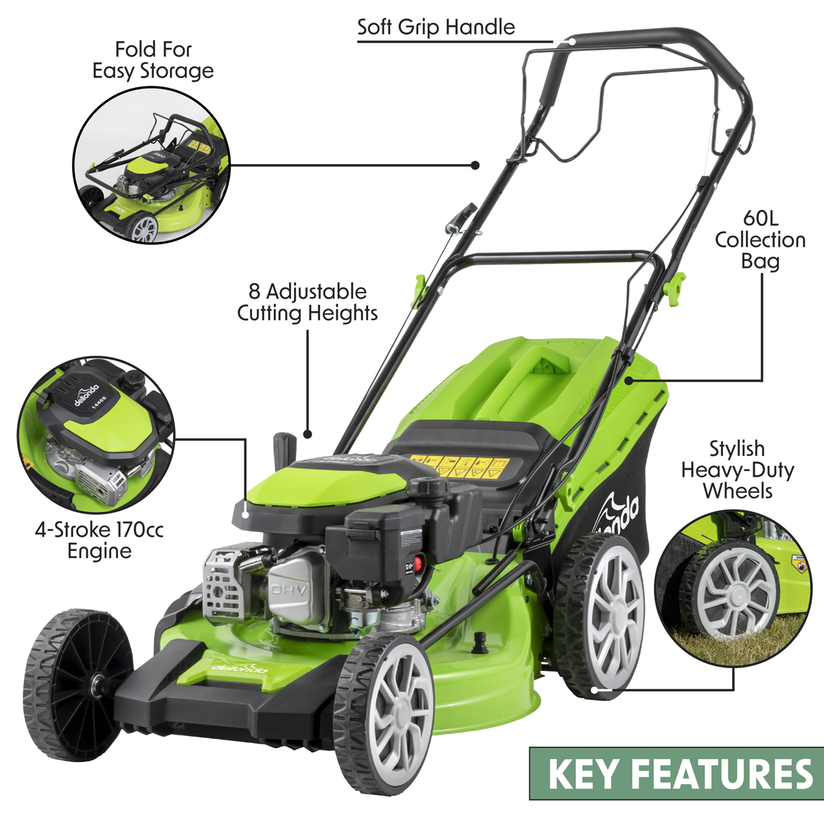 Dellonda DG102 Dellonda Self-Propelled Petrol Lawnmower Grass Cutter with Height Adjustment & Grass Bag 170cc 20"/51cm 4-Stroke Engine