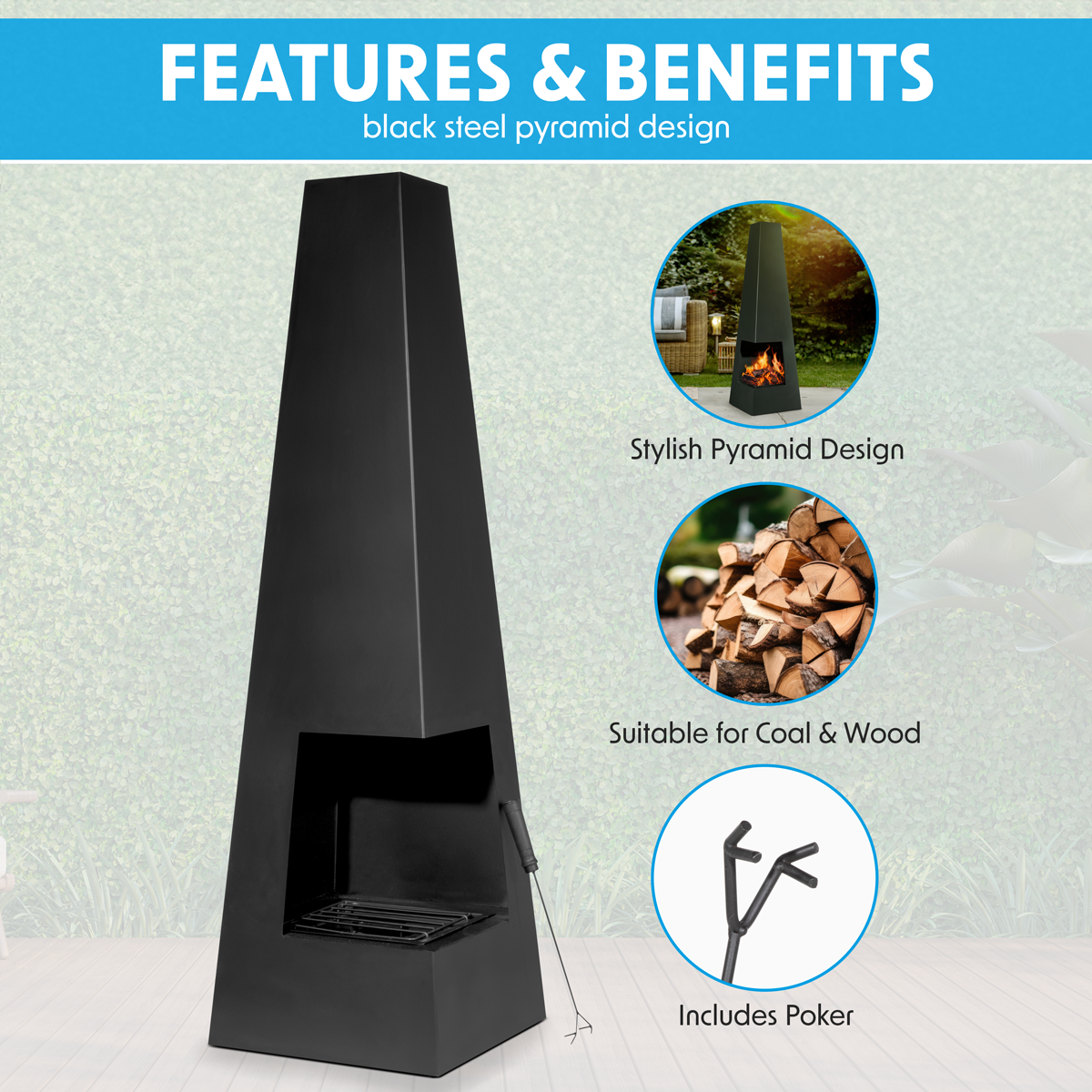 Dellonda DG105 Dellonda Chiminea, Wood Burner, Heater for Outdoors W45cm x H150cm - Black Steel