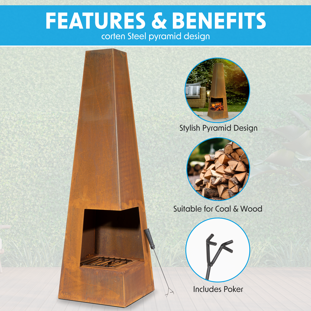 Dellonda DG106 Dellonda Chiminea, Wood Burner, Heater for Outdoors W45cm x H150cm, Corten Steel