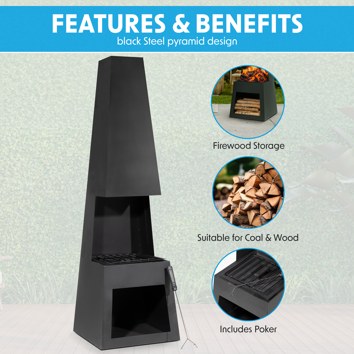 Dellonda DG107 Dellonda Outdoor Chiminea Fireplace Fire Pit Heater Firewood Storage Black Steel