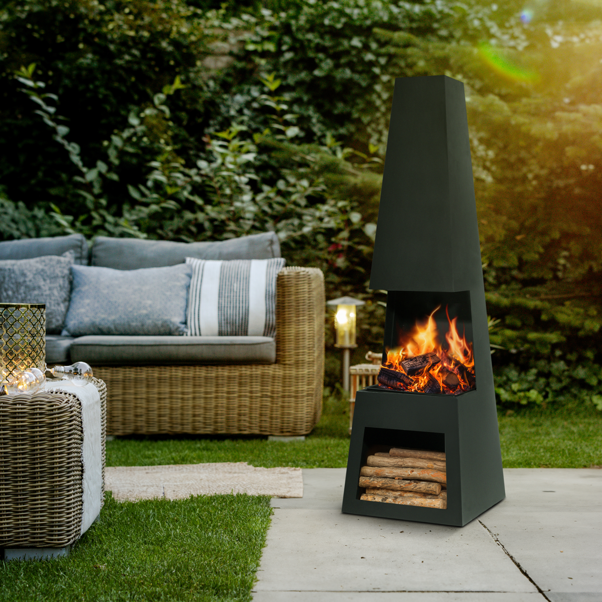 Dellonda DG107 Dellonda Outdoor Chiminea Fireplace Fire Pit Heater Firewood Storage Black Steel