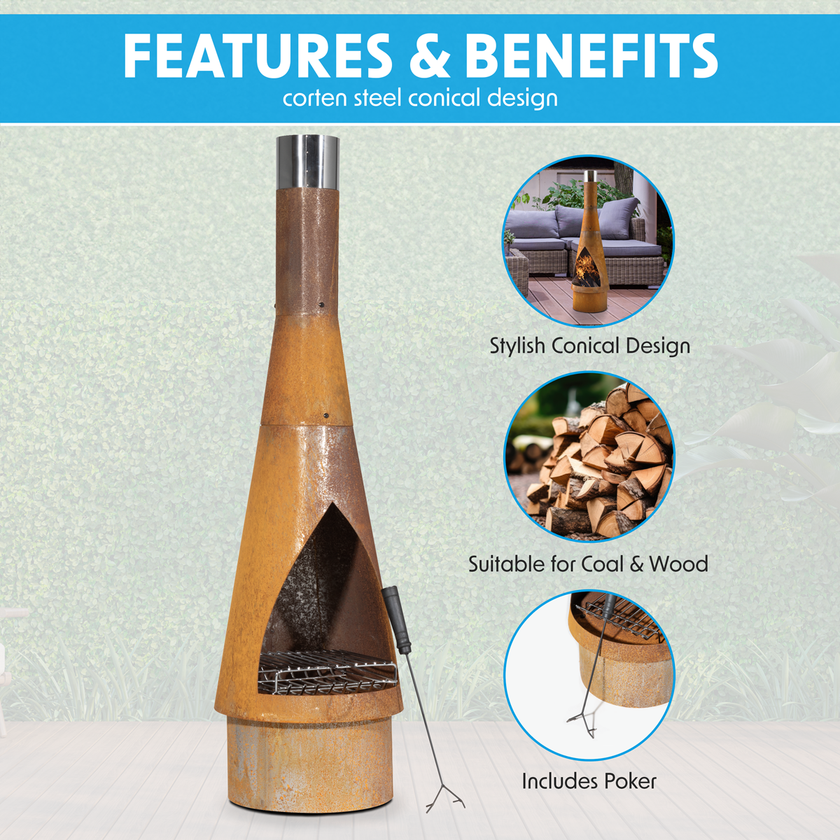 Dellonda DG110 Dellonda Outdoor/Garden/Patio Conical Chiminea, Fireplace, Fire Pit, Heater, H127cm - Corten Steel