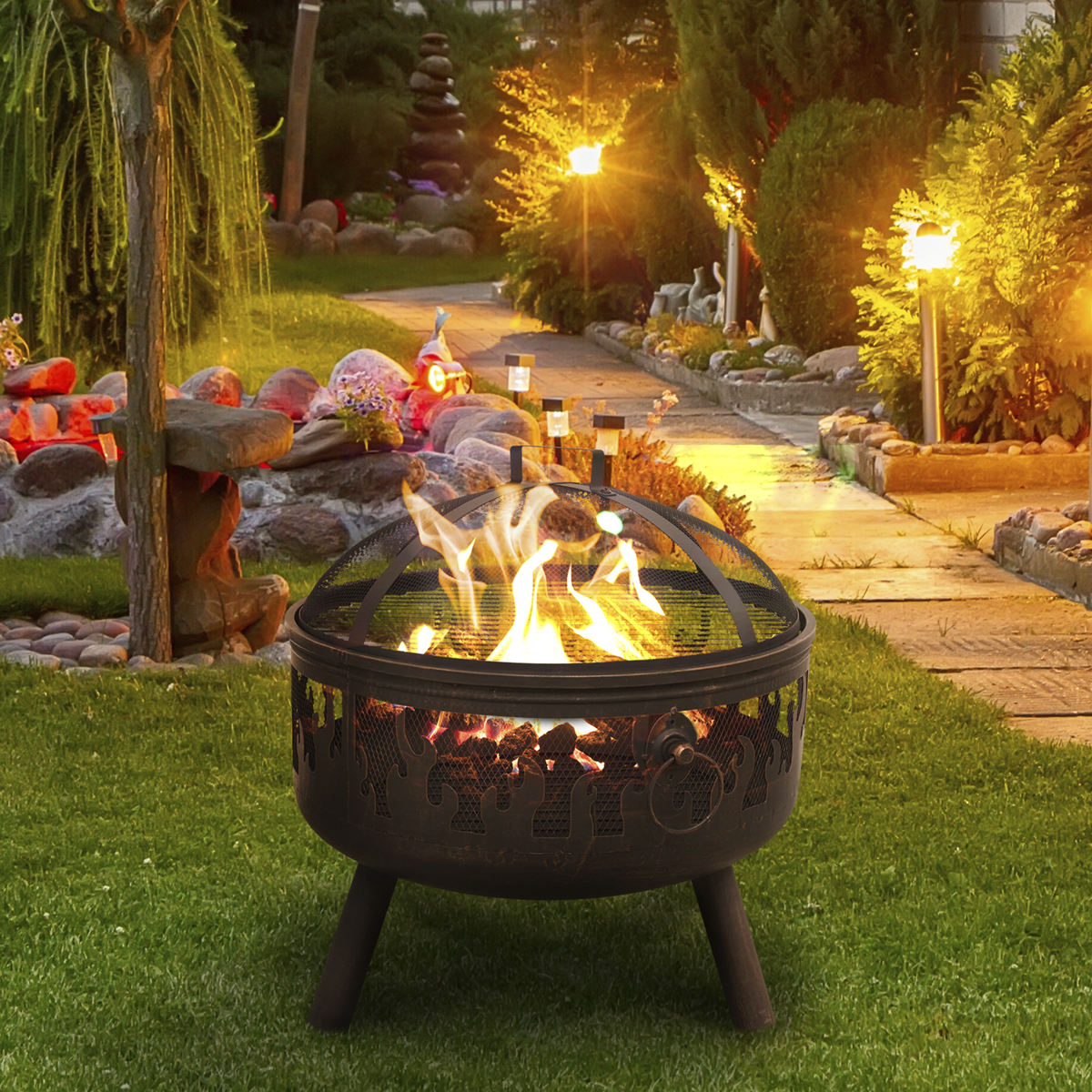 Dellonda DG117 Dellonda Deluxe Fire Pit Fireplace Outdoor Patio Heater, Cooking Grill & Poker 61cm