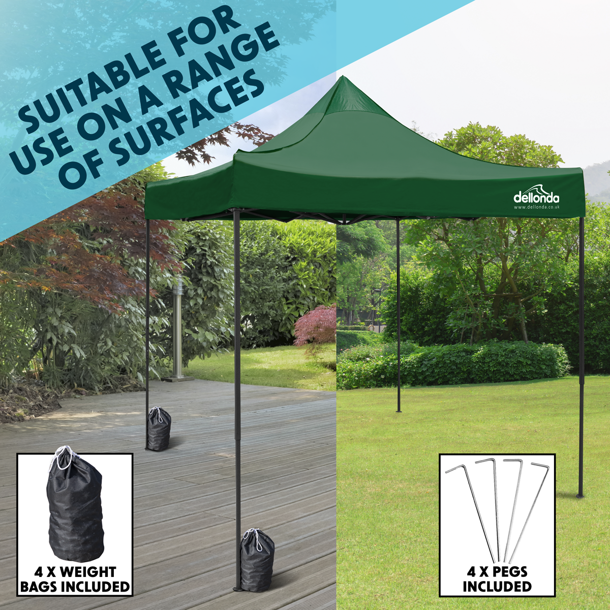 Dellonda DG128 Dellonda Premium 2 x 2m Pop-Up Gazebo, Heavy Duty, PVC Coated, Water-Resistant Fabric, Supplied with Carry Bag, Rope, Stakes & Weight Bags - Dark Green Canopy