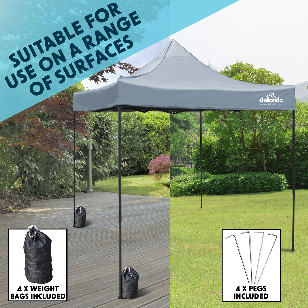 Dellonda DG129 Dellonda Premium 2 x 2m Pop-Up Gazebo, Heavy Duty, PVC Coated, Water-Resistant Fabric, Supplied with Carry Bag, Rope, Stakes & Weight Bags - Grey Canopy
