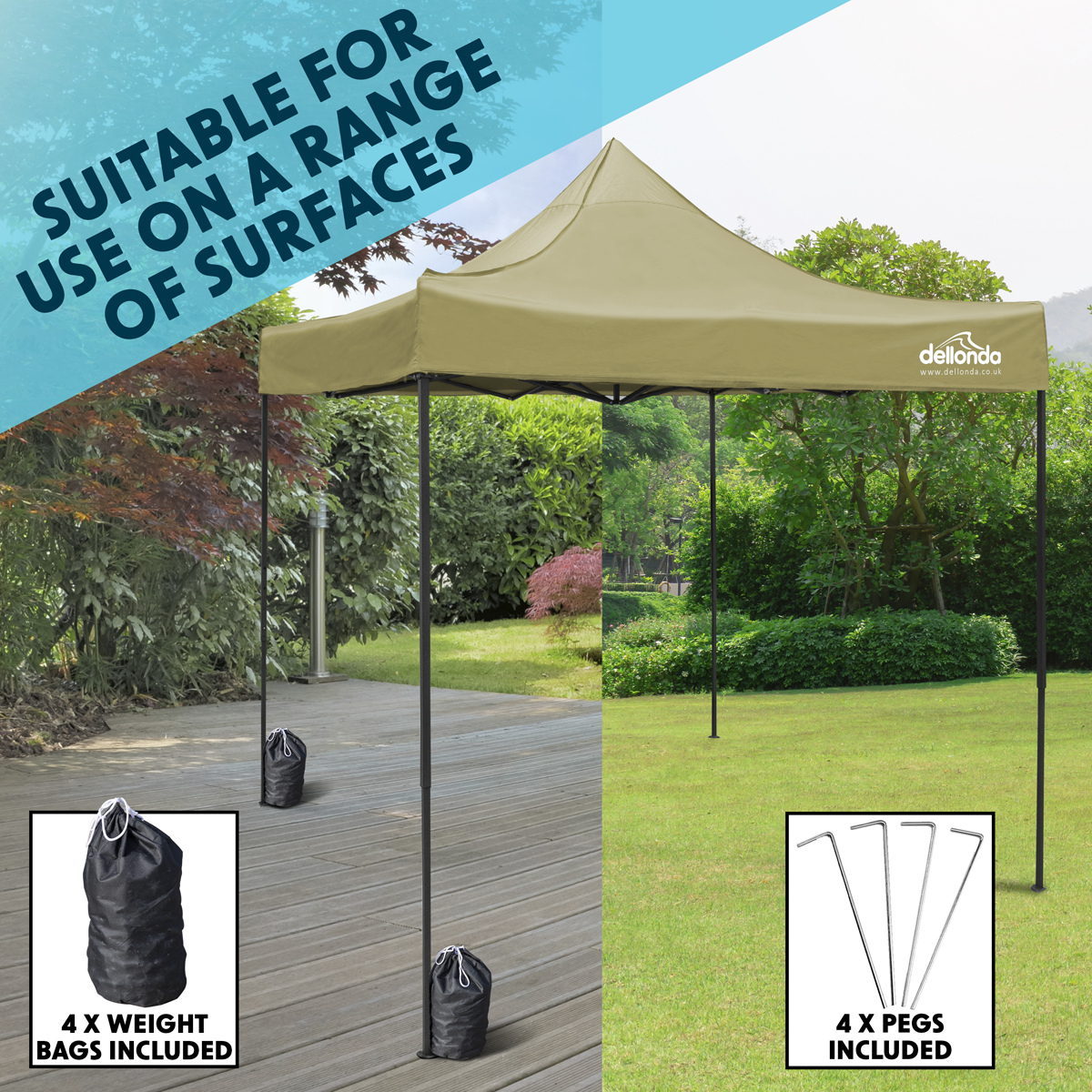 Dellonda DG130 Dellonda Premium 3 x 3m Pop-Up Gazebo, PVC Coated, Water-Resistant Fabric, Supplied with Carry Bag, Rope, Stakes & Weight Bags - Beige Canopy