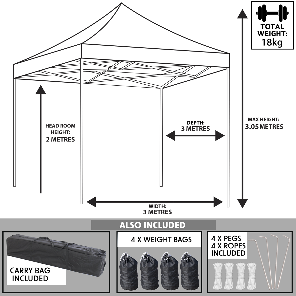 Dellonda DG130 Dellonda Premium 3 x 3m Pop-Up Gazebo, PVC Coated, Water-Resistant Fabric, Supplied with Carry Bag, Rope, Stakes & Weight Bags - Beige Canopy