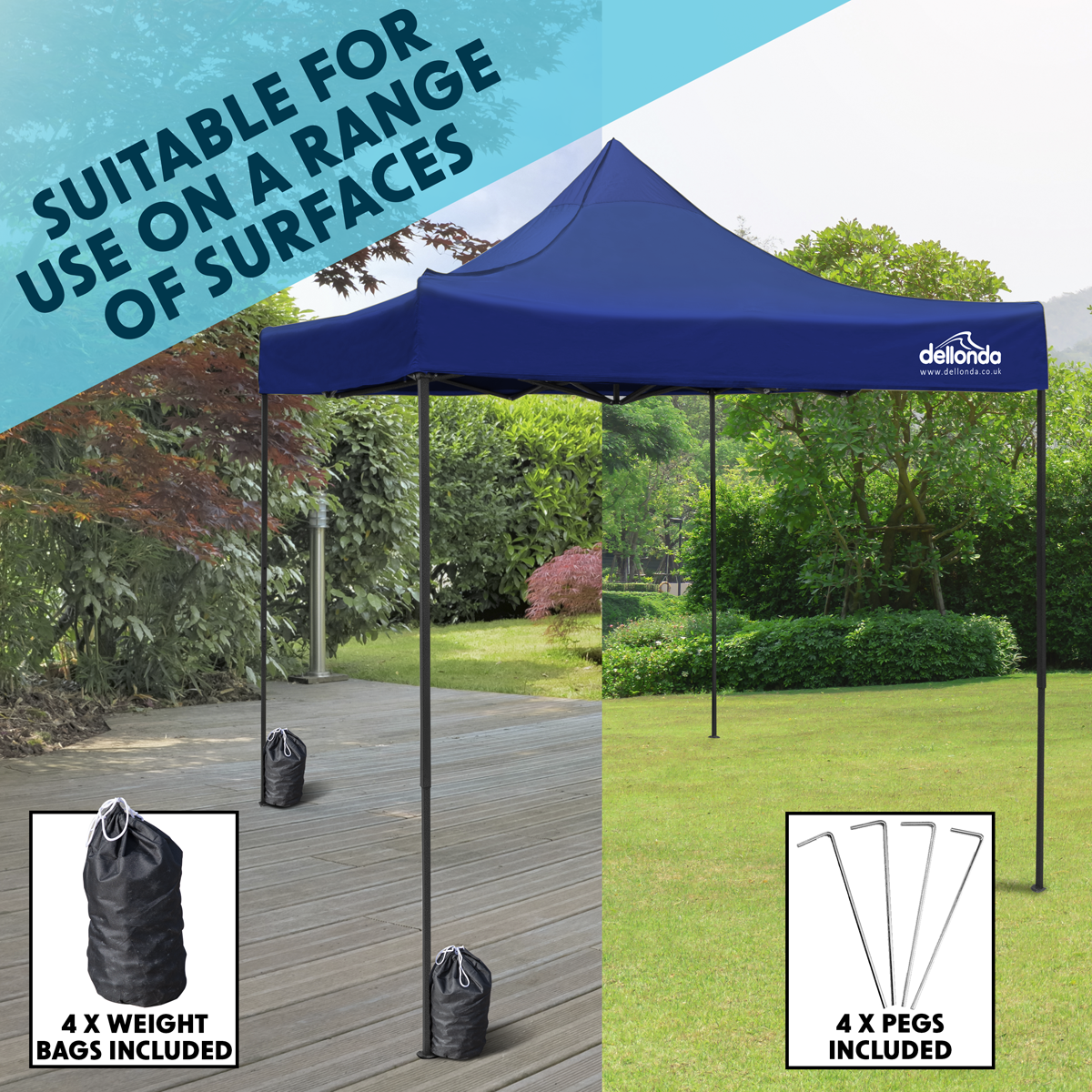 Dellonda DG131 Dellonda Premium 3 x 3m Pop-Up Gazebo, PVC Coated, Water-Resistant Fabric, Supplied with Carry Bag, Rope, Stakes & Weight Bags - Blue Canopy