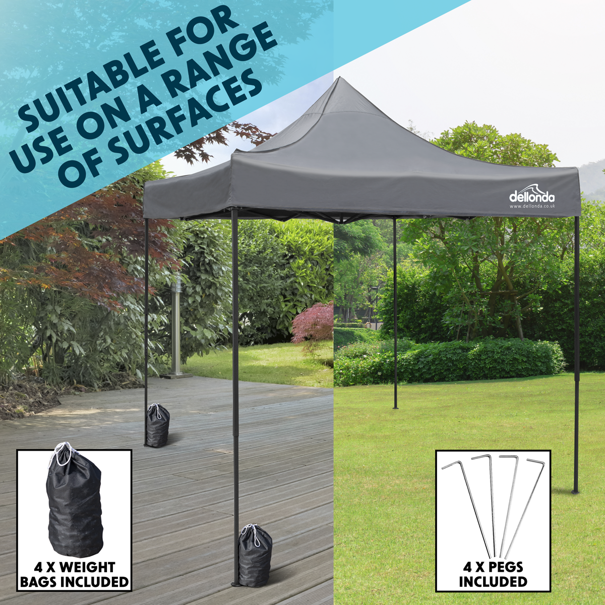 Dellonda DG133 Dellonda Premium 3 x 3m Pop-Up Gazebo, PVC Coated, Water-Resistant Fabric, Supplied with Carry Bag, Rope, Stakes & Weight Bags - Grey Canopy