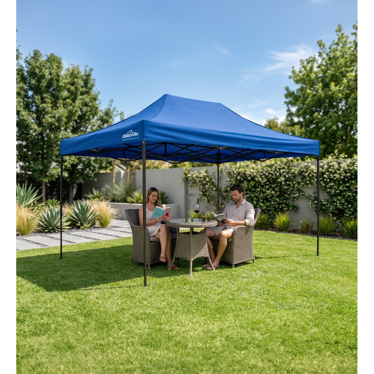 Dellonda DG135 Dellonda Premium 3 x 4.5m Pop-Up Gazebo, Heavy Duty, PVC Coated, Water-Resistant Fabric, Supplied with Carry Bag, Rope, Stakes & Weight Bags - Blue Canopy
