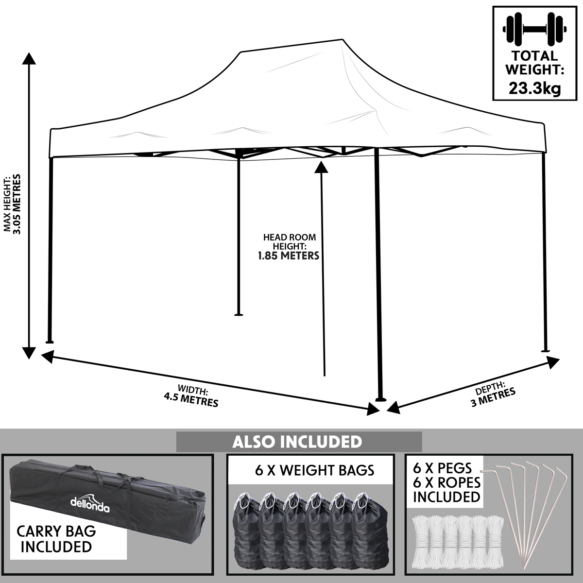 Dellonda DG136 Dellonda Premium 3 x 4.5m Pop-Up Gazebo, Heavy Duty, PVC Coated, Water-Resistant Fabric, Supplied with Carry Bag, Rope, Stakes & Weight Bags - Dark Green Canopy
