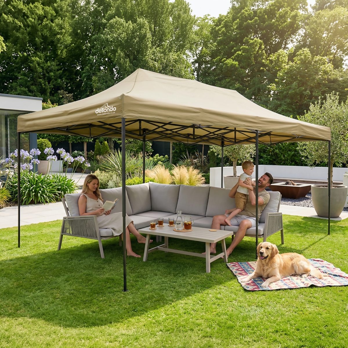 Dellonda DG138 Dellonda Premium 3x6m Pop-Up Gazebo, Heavy Duty, PVC Coated, Water-Resistant Fabric Supplied with Carry Bag, Rope, Stakes & Weight Bags - Beige Canopy