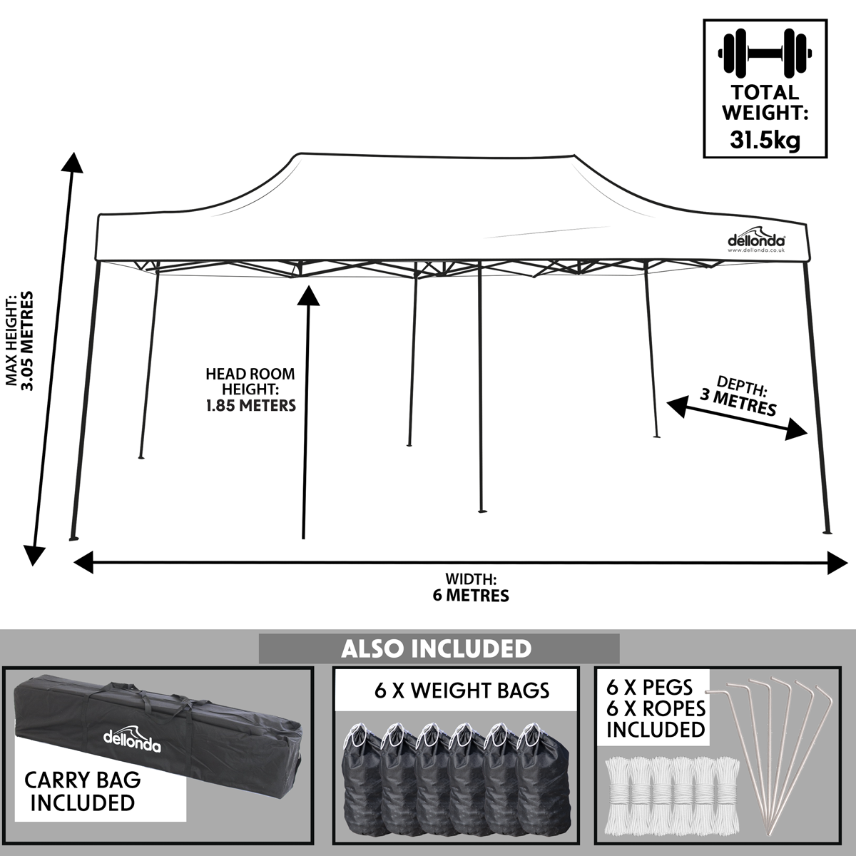 Dellonda DG141 Dellonda Premium 3x6m Pop-Up Gazebo, Heavy Duty, PVC Coated, Water-Resistant Fabric, Supplied with Carry Bag, Rope, Stakes & Weight Bags - Grey Canopy