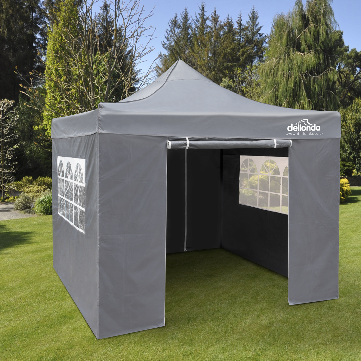 Dellonda DG163 Dellonda Premium 2x2m Pop-Up Gazebo & Side Walls, PVC Coated, Water-Resistant Fabric, Supplied with Carry Bag, Rope, Stakes & Weight Bags - Grey