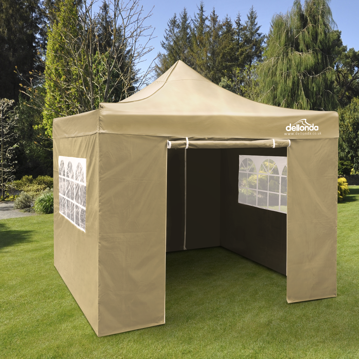 Dellonda DG164 Dellonda Premium 3x3m Pop-Up Gazebo & Side Walls, PVC Coated, Water-Resistant Fabric with Carry Bag, Rope, Stakes & Weight Bags - Beige