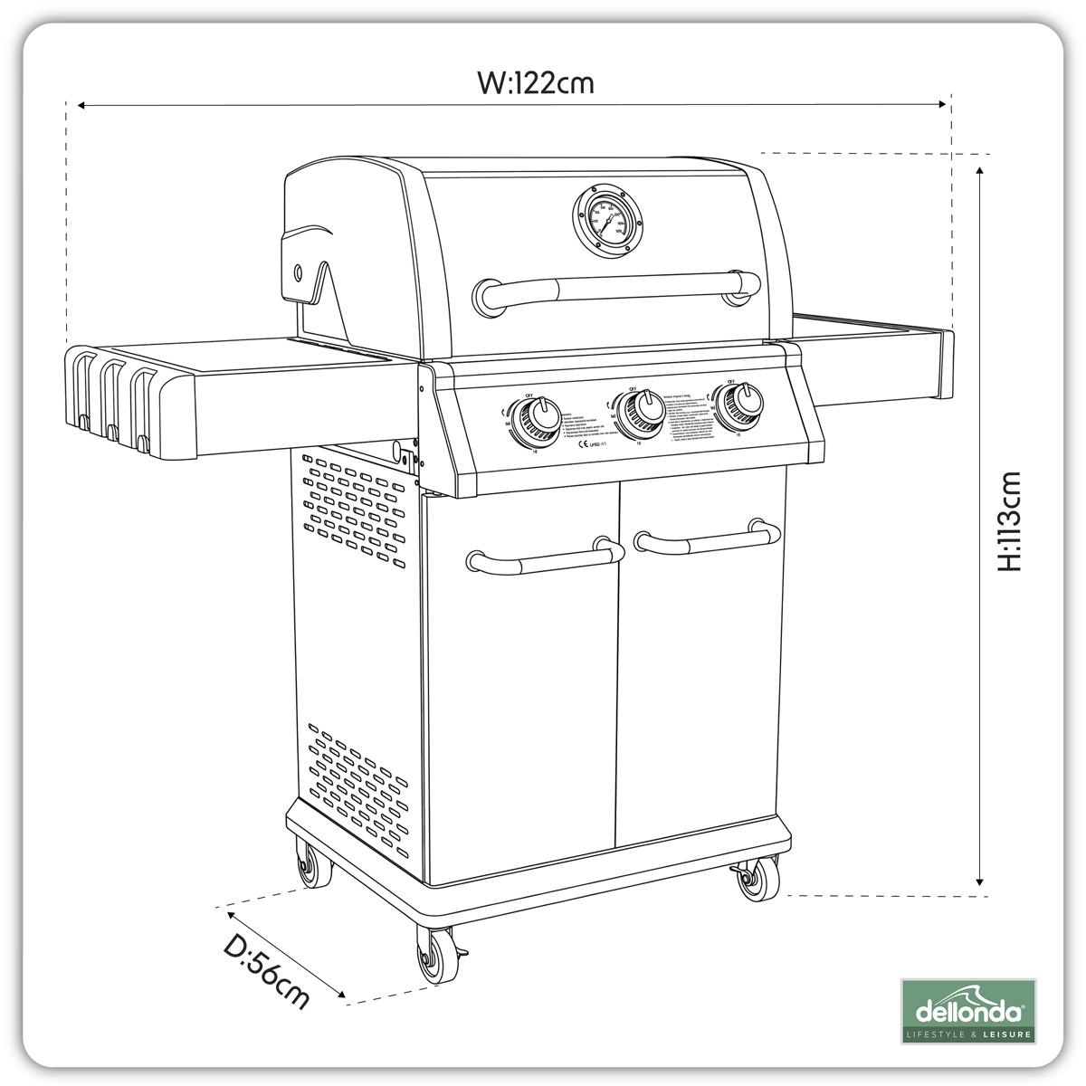 Dellonda DG16 Dellonda 3 Burner Deluxe Gas BBQ Grill with Piezo Ignition & Thermometer - Stainless Steel