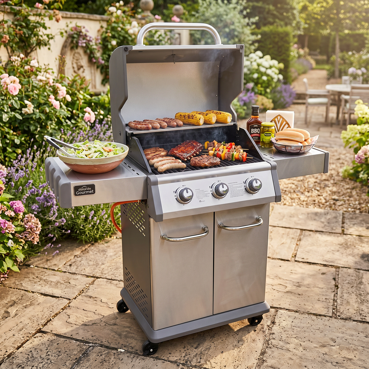 Dellonda DG16 Dellonda 3 Burner Deluxe Gas BBQ Grill with Piezo Ignition & Thermometer - Stainless Steel
