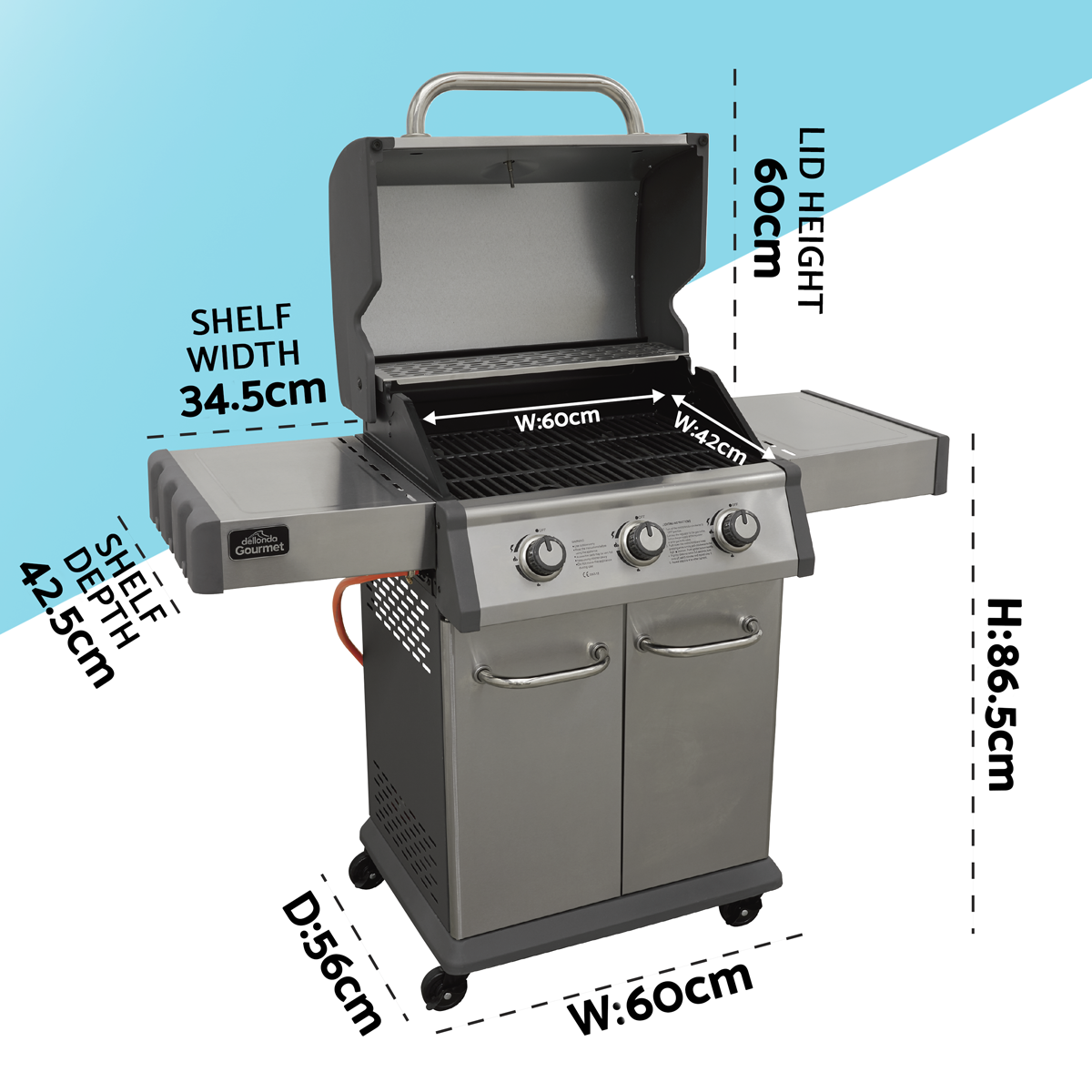 Dellonda DG16 Dellonda 3 Burner Deluxe Gas BBQ Grill with Piezo Ignition & Thermometer - Stainless Steel