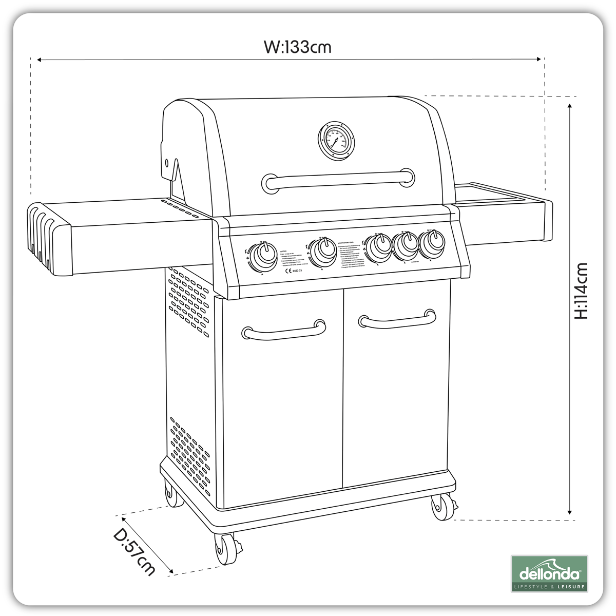 Dellonda DG17 Dellonda 4+1 Burner Deluxe Gas BBQ Grill with Piezo Ignition & Thermometer - Stainless Steel