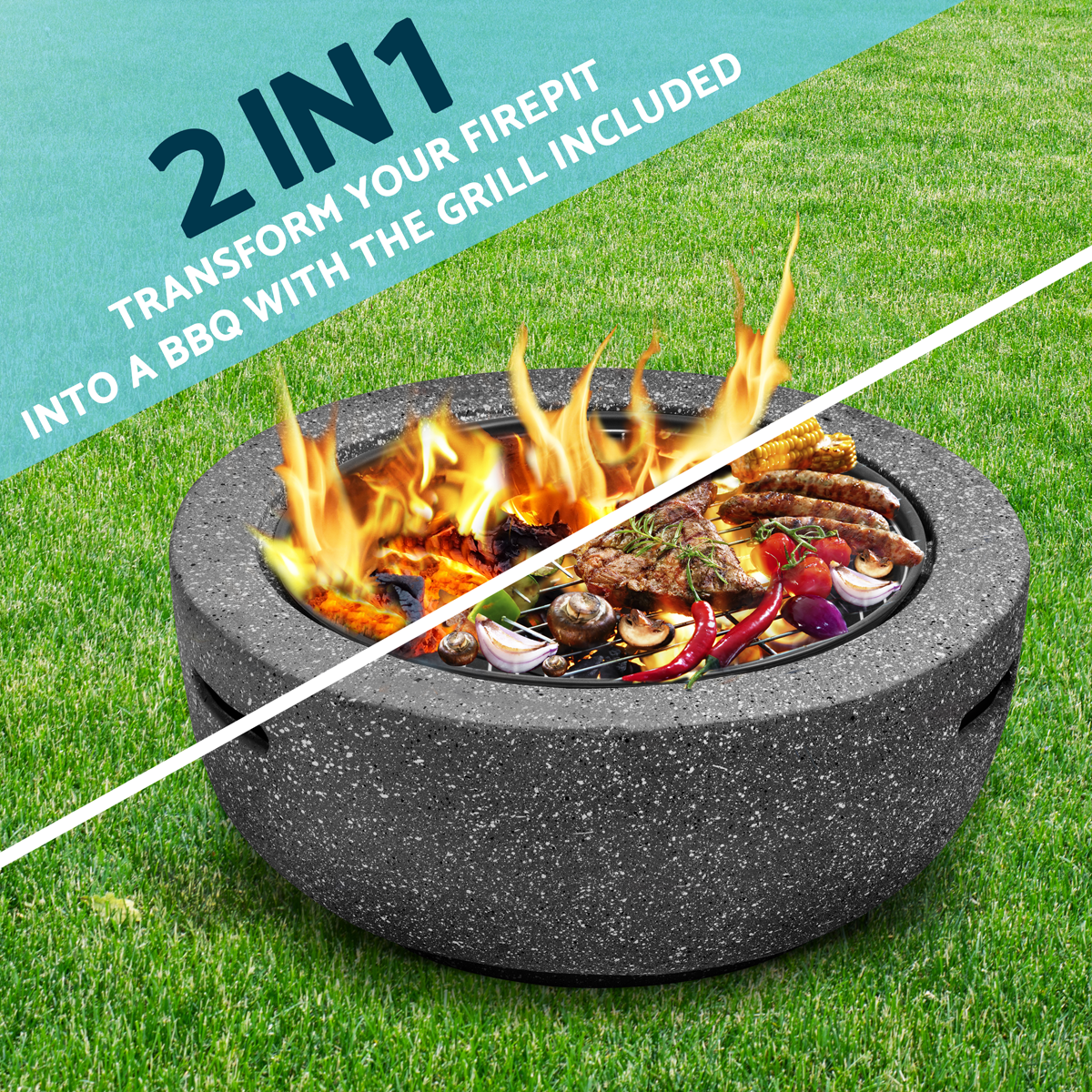Dellonda DG189 Dellonda Round MgO Fire Pit with BBQ Grill & Safety Mesh Screen 60cm - Dark Grey