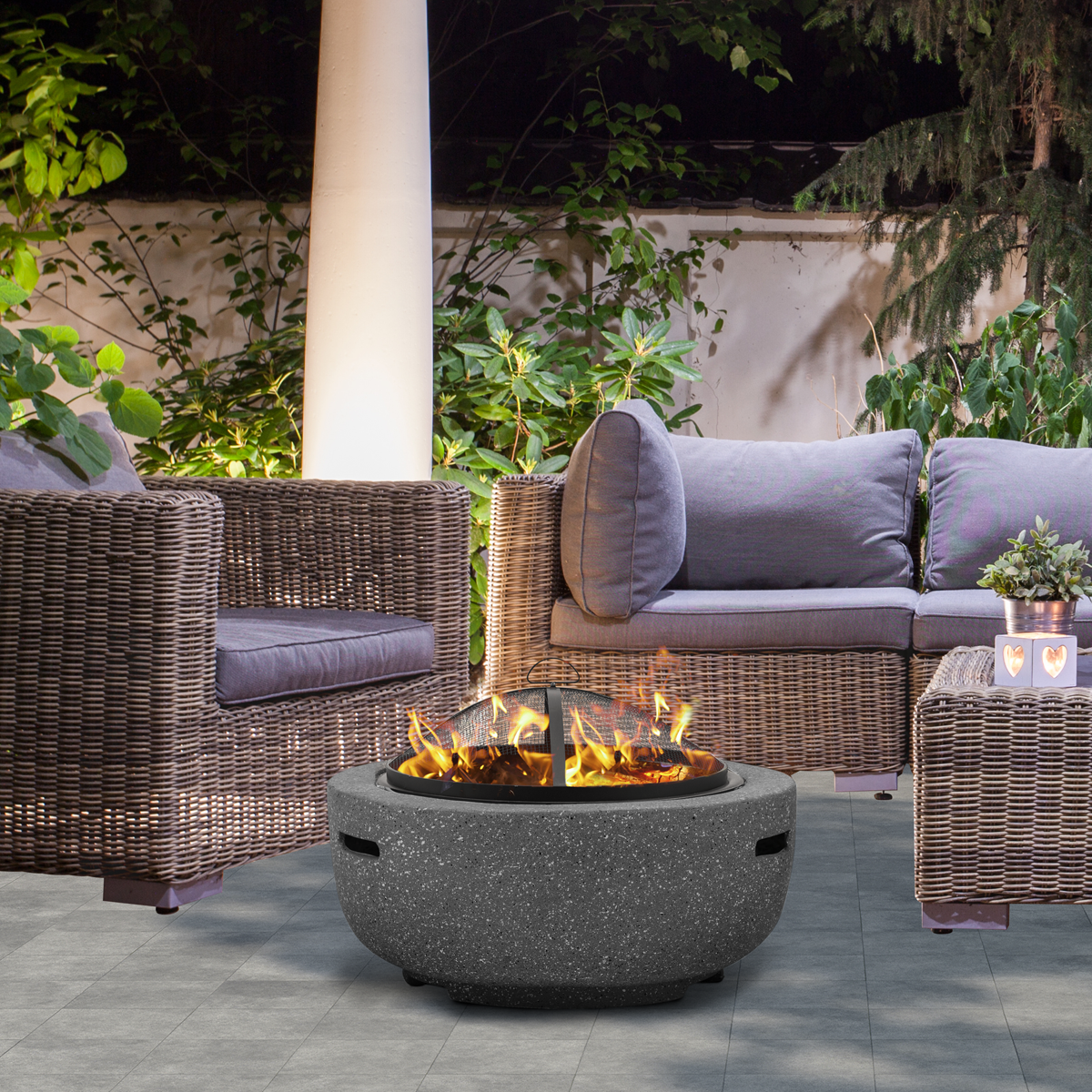Dellonda DG189 Dellonda Round MgO Fire Pit with BBQ Grill & Safety Mesh Screen 60cm - Dark Grey