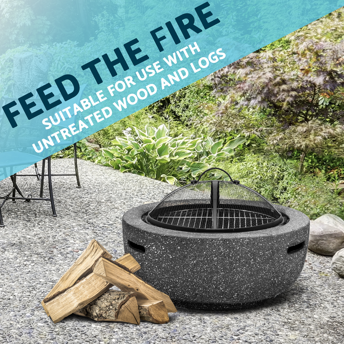Dellonda DG189 Dellonda Round MgO Fire Pit with BBQ Grill & Safety Mesh Screen 60cm - Dark Grey